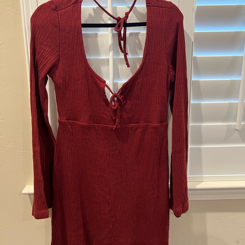 Large Free People Beach Elegant Red Long Sleeve Dress